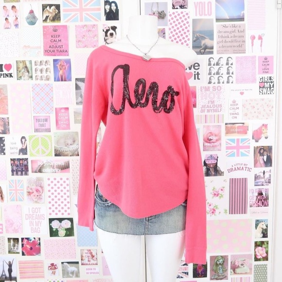 y2k aeropostale pink sequin logo waffle knit top size L - Picture 4 of 7